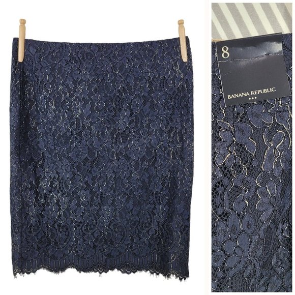 New Banana Republic Skirt size 8 Layered Black Gold lace career Evening Event - Picture 1 of 6